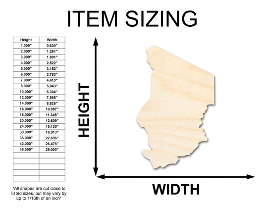 Unfinished Wood Chad Country Shape - North Central Africa Craft - up to 46" DIY