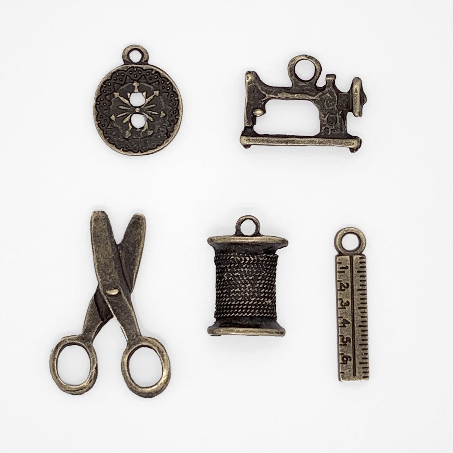 Vintage Sewing Charms in Antique Gold 5pc