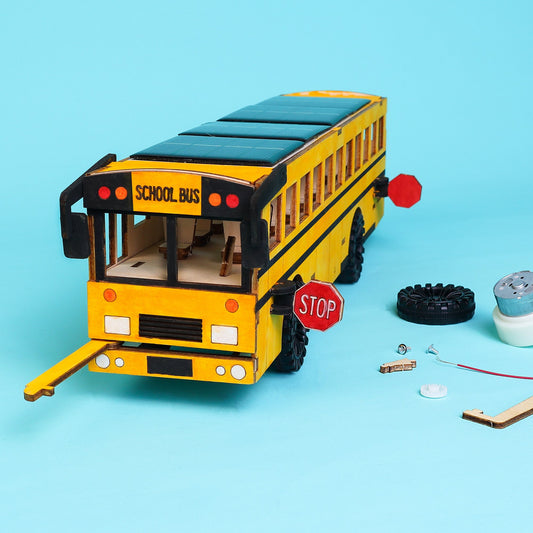 Dual Power School Bus STEM Kit – Build, Paint & Personalize | Battery + Solar Powered