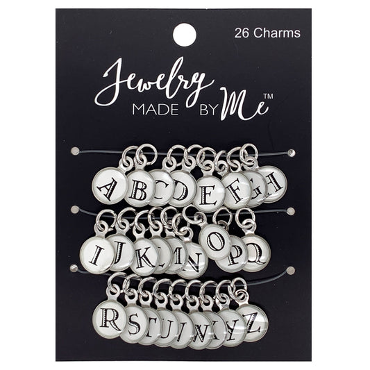 Silver Round White with Black Letters Alphabet Charms 26pc Set