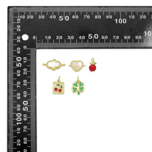 Mother of Pearl Hamsa Heart Connector charm, Red cherry charm, Green clover Pendant, Sku#LX941