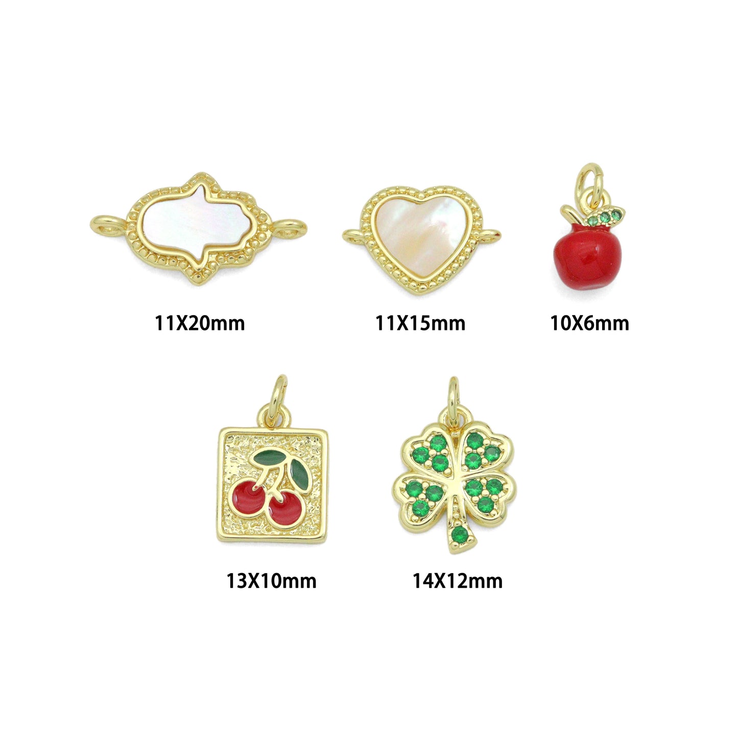 Mother of Pearl Hamsa Heart Connector charm, Red cherry charm, Green clover Pendant, Sku#LX941