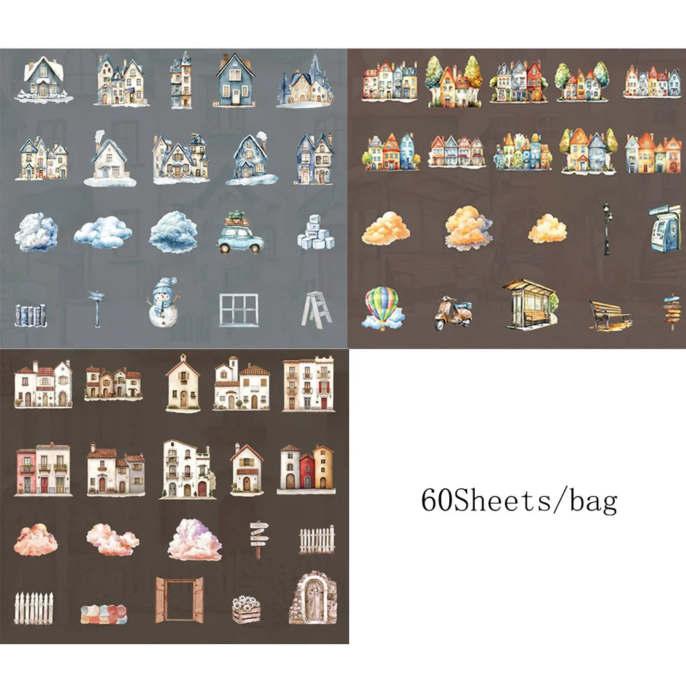 60Pcs Cabin Landscaping Sticker Pack | DIY Craft Stickers for Phone Case, Diary, and Card Decoration