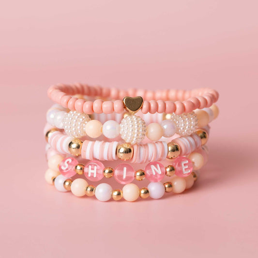 Happy Pastel Pink Letters with Blush and Pearl Tone Beads DIY Beaded Bracelet Jar