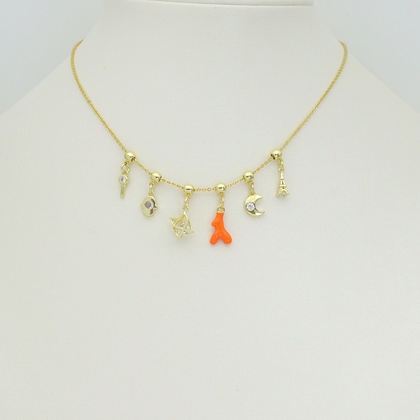 Cute Eiffel Tower, Evil eye KEY, Star of David, Crescent Moon, Hamsa hand, Orange coral horn charm charm, Sku#Y1061
