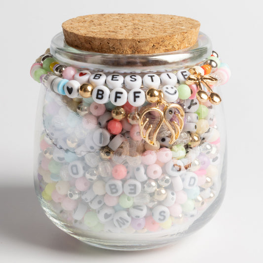 BFF Bestie Friendship Bracelet Making Bead Kit with Letter Beads Pastel Mix and Winged Heart Charm DIY Jar