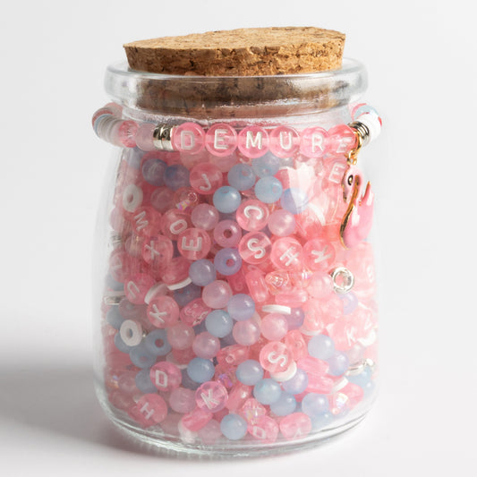 Demure Baby Pink and Baby Blue Beads Pink Swan Charm & Pastel Letter Beads DIY Jar