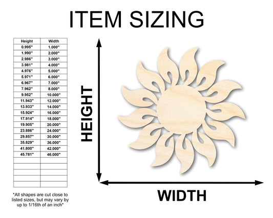 Unfinished Wood Radiant Sun Silhouette | Summer | Celestial | Craft Cutout | up to 46"