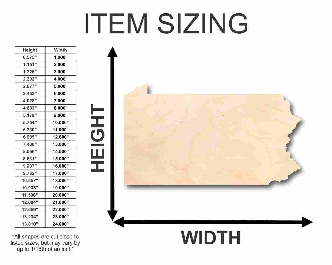 Unfinished Wood Pennsylvania Shape - State - Craft - up to 46" DIY