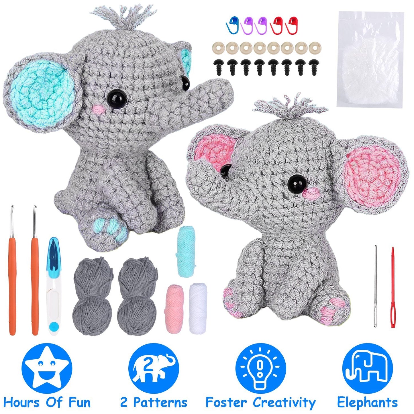 Elephant Crochet Kit Crochet Kit for Beginners DIY Knitting Supplies for Kids Adults 2 Types of Elephants