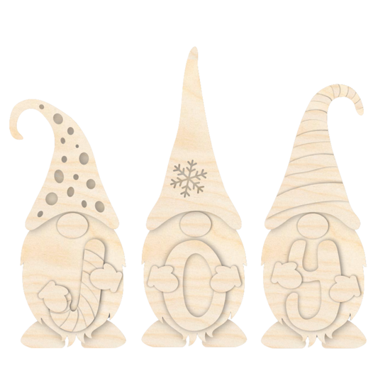 Unfinished Wood Layered and Etched Gnome Shelf Sitters | Set of 3 | 1/4" Wood | Wood Craft DIY