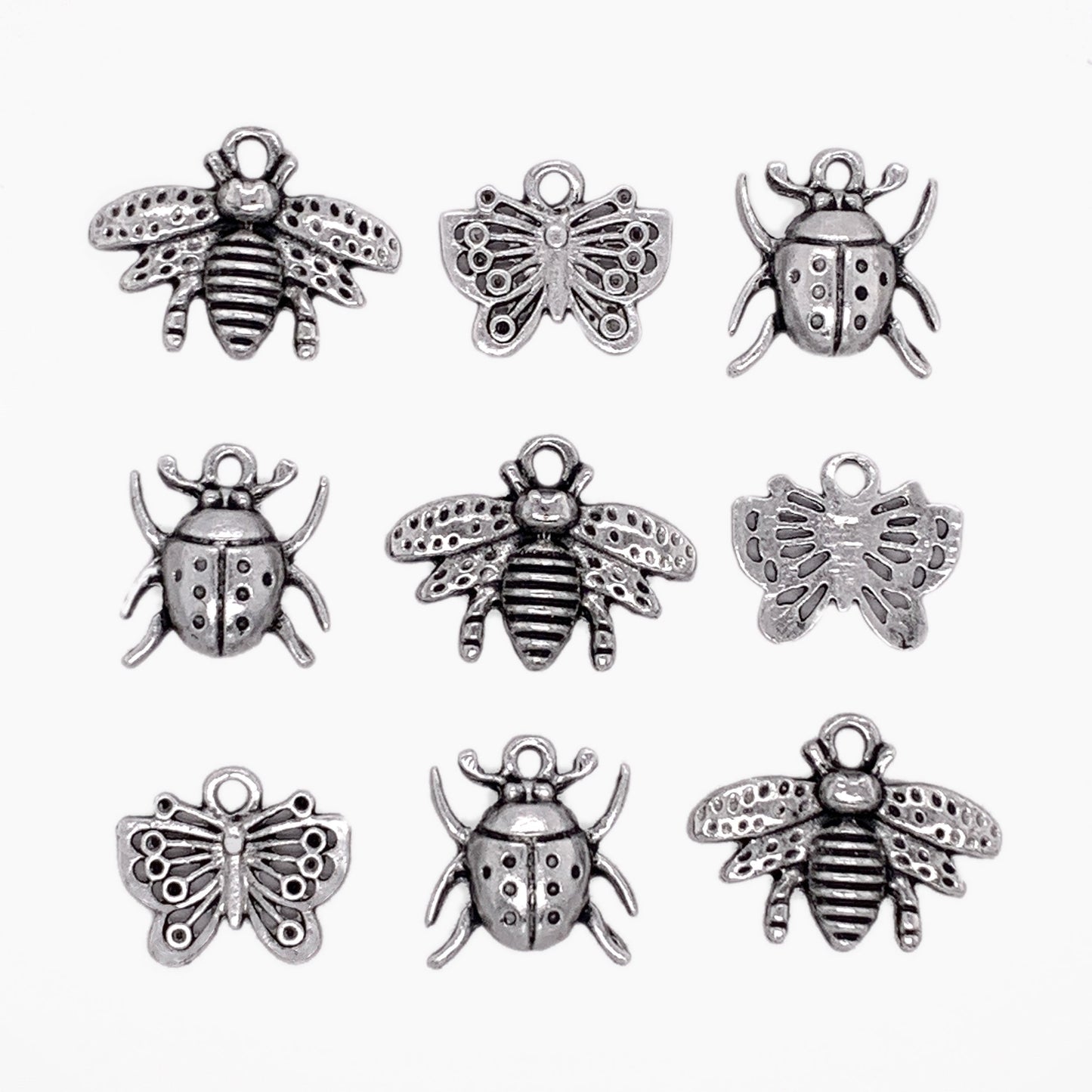 Antique Silver Bee, Butterfly and Lady Bug Charms 9pc Set