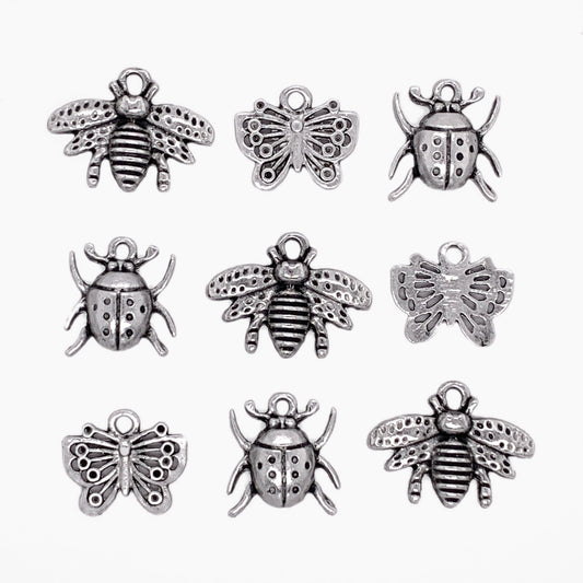 Antique Silver Bee, Butterfly and Lady Bug Charms 9pc Set