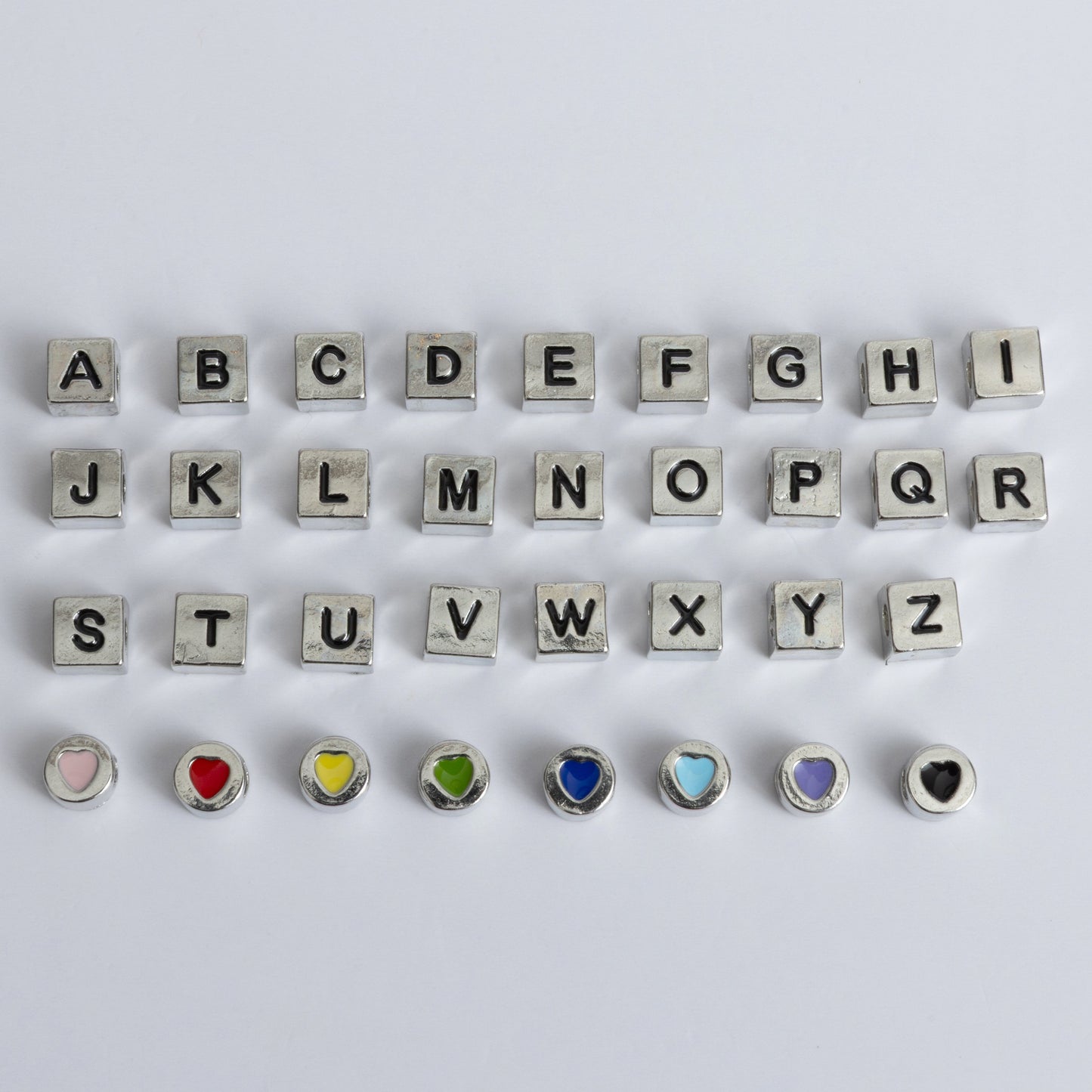 SilverTone Block Letter Cast Alphabet & Heart Beads Heavy Metal Beads