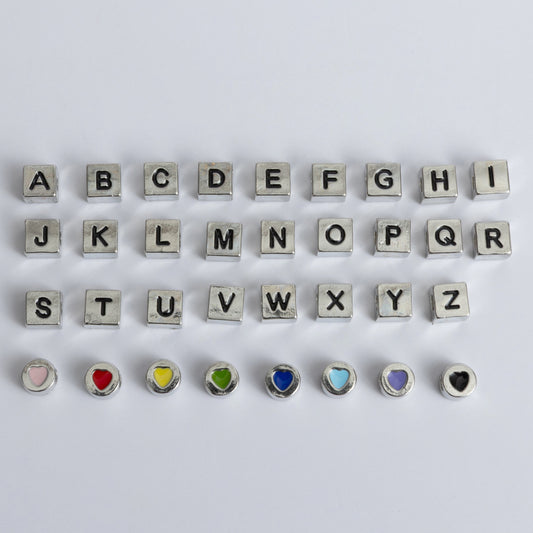 SilverTone Block Letter Cast Alphabet & Heart Beads Heavy Metal Beads