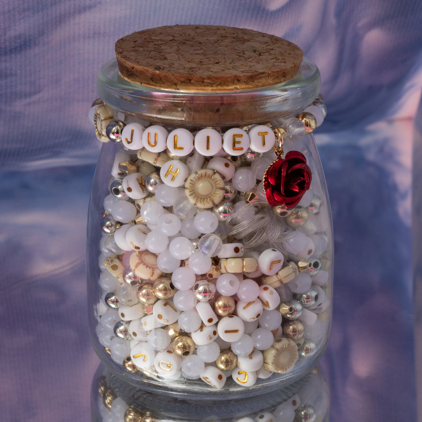 Juliet Floral Gold and White Alphabet Bead DIY Word Bracelt Kit with Red Rose Charm