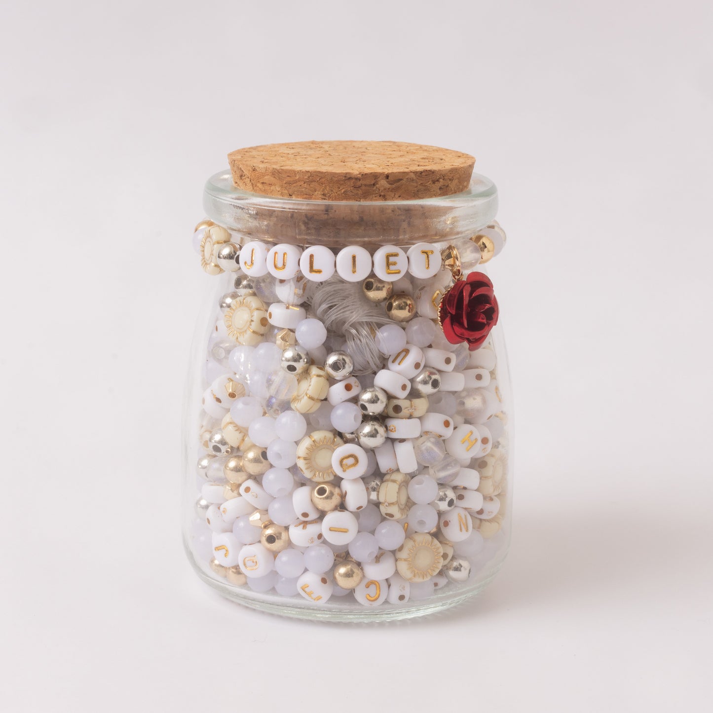 Juliet Floral Gold and White Alphabet Bead DIY Word Bracelt Kit with Red Rose Charm
