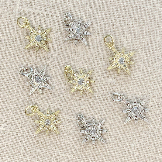 Gold and Silver Pave Crystal Starbursts Charm Set of 8