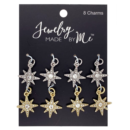 Gold and Silver Pave Crystal Starbursts Charm Set of 8