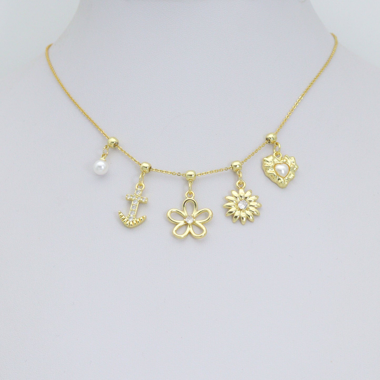White Pearl, Pearl heart, Sunflower, Anchor, Flower Heart charm, Sku#LD766