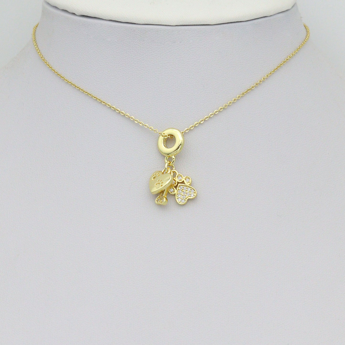 Clear CZ Gold Heart Paw Dog Bone Pendant Large Hole charm, Sku#LD774