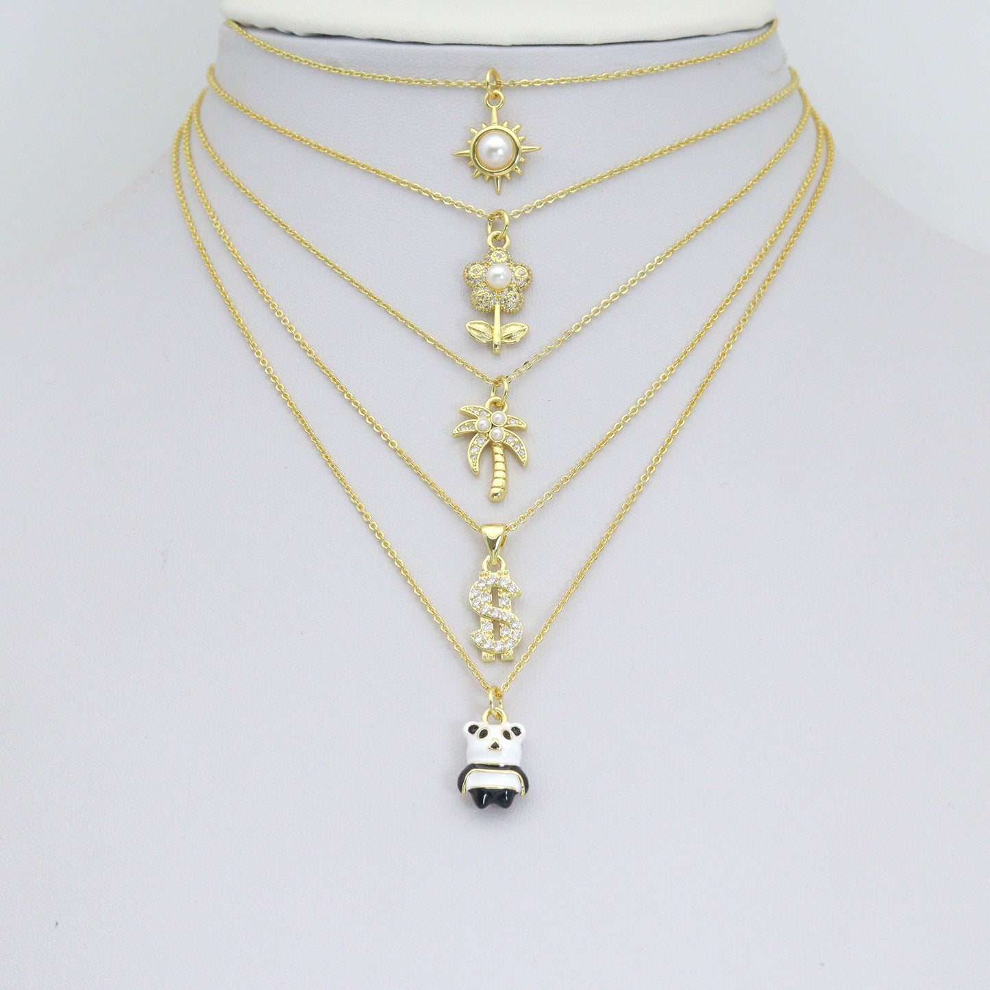 Clear CZ White Pearl Palm Tree, Gold Flower Panda Sun pearl Dollar sign Charm Pendant, Sku#LD775