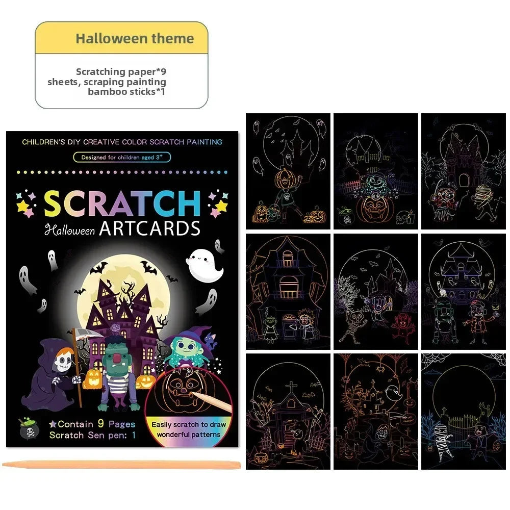 Rainbow Scratch Art Paper Kit for Kids | 9-Piece Magic Drawing Set