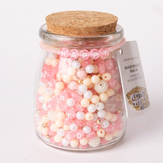 Happy Pastel Pink Letters with Blush and Pearl Tone Beads DIY Beaded Bracelet Jar