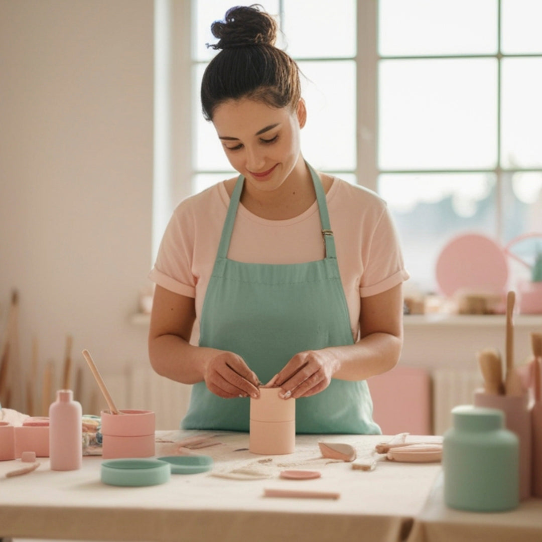 Woman in a pottery studio working on a ceramic piece.
