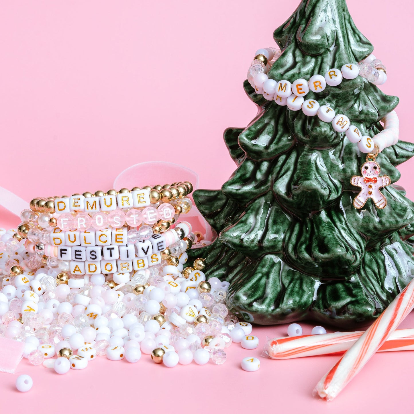 Pastel Pink Merry Christmas Gingerbread Charm DIY Bead Jar