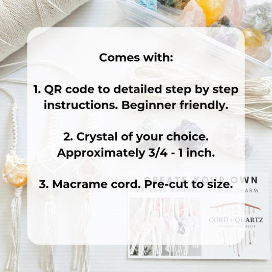 Macrame wrapped crystal rear view mirror charm DIY craft kit.