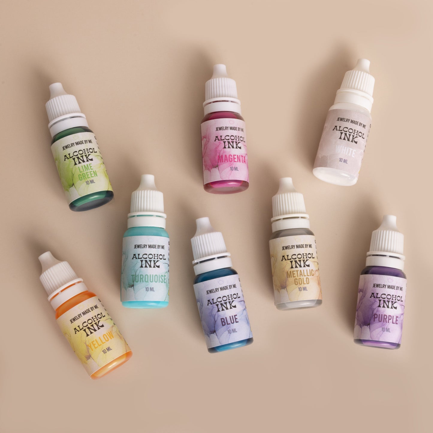 Resin Craft Alcohol Inks in Pink, blue, yellow, turquoise, lime green, gold, white