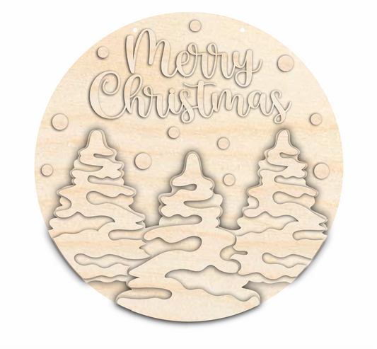 Unfinished Wood Merry Christmas Snowy Trees Door Sign Kit | Wood Craft Cutouts | 1/4" Thick |